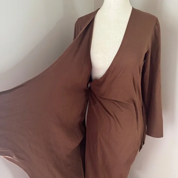 Audrey Leighton Brown V Neck Long Sleeve Midi Wrap Dress Size Large - Picture 9 of 12